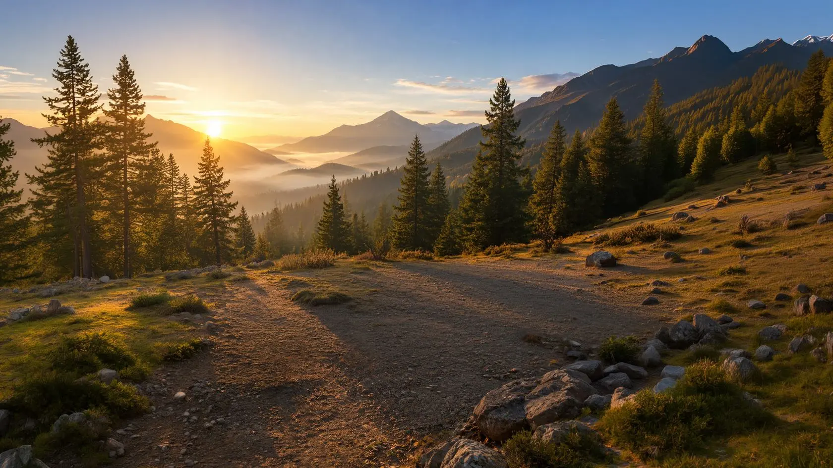 Mountain clearing at sunrise with mist in the valley