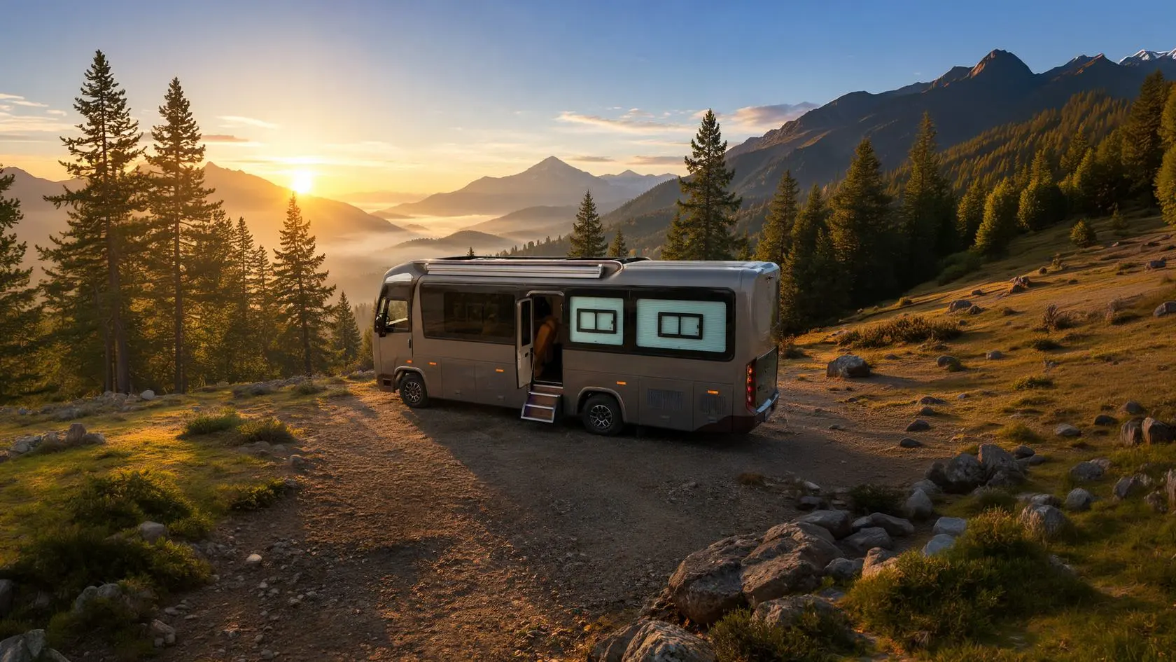 The JCBL motorhome parked in the clearing with its entry door open