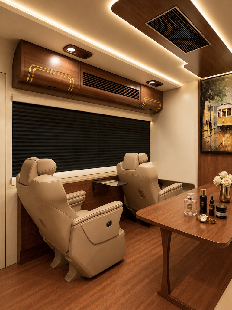 Two reclining captain seats with a fold-away table inside the JCBL motorhome lounge