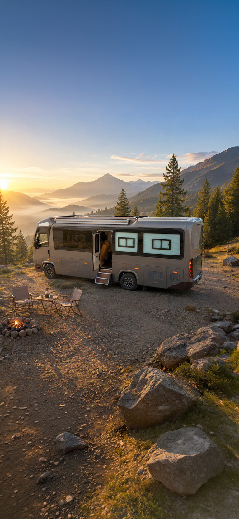 A campfire lit beside the motorhome as the sun rises